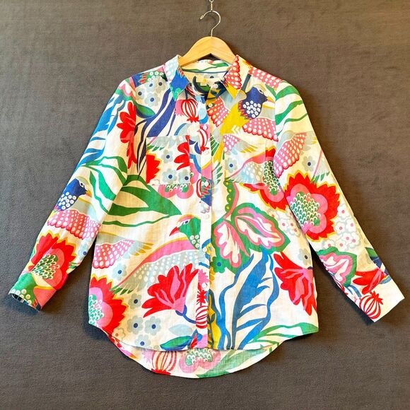 Boden Linen Button Front Blouse Women's Size 2 Bright Floral Tropical Bird Print - Picture 3 of 8